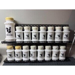 Vintage Hazel Atlas 17 pc Milk Glass Black Rooster Design Spices Shaker Set w/ B